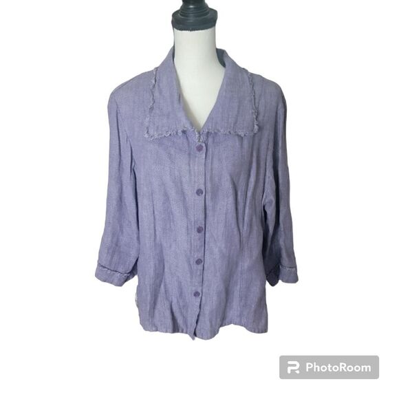Flax 100% Linen Button Top with Raw Hem on Collar. Size M. - Picture 1 of 10